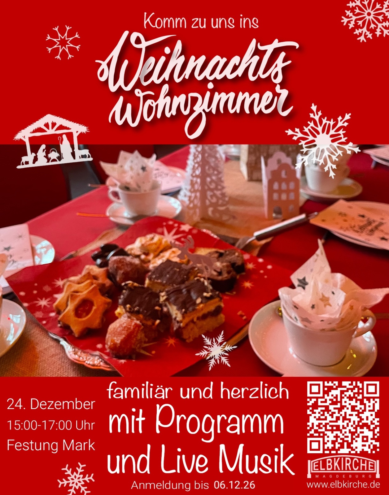 Komm zu uns ins Weihnachtswohnzimmer. Familiär und herzlich mit Programm und Live Musik. Am 24. Dezember von 15 bis 17 Uhr in der Festung Mark. Anmeldung bis 6.12.26